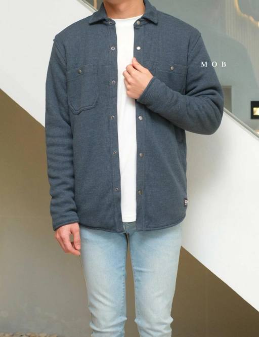 Image of EBJ01001 Faux Shearling Lined Thermal Shirt Jacket Storm Blue