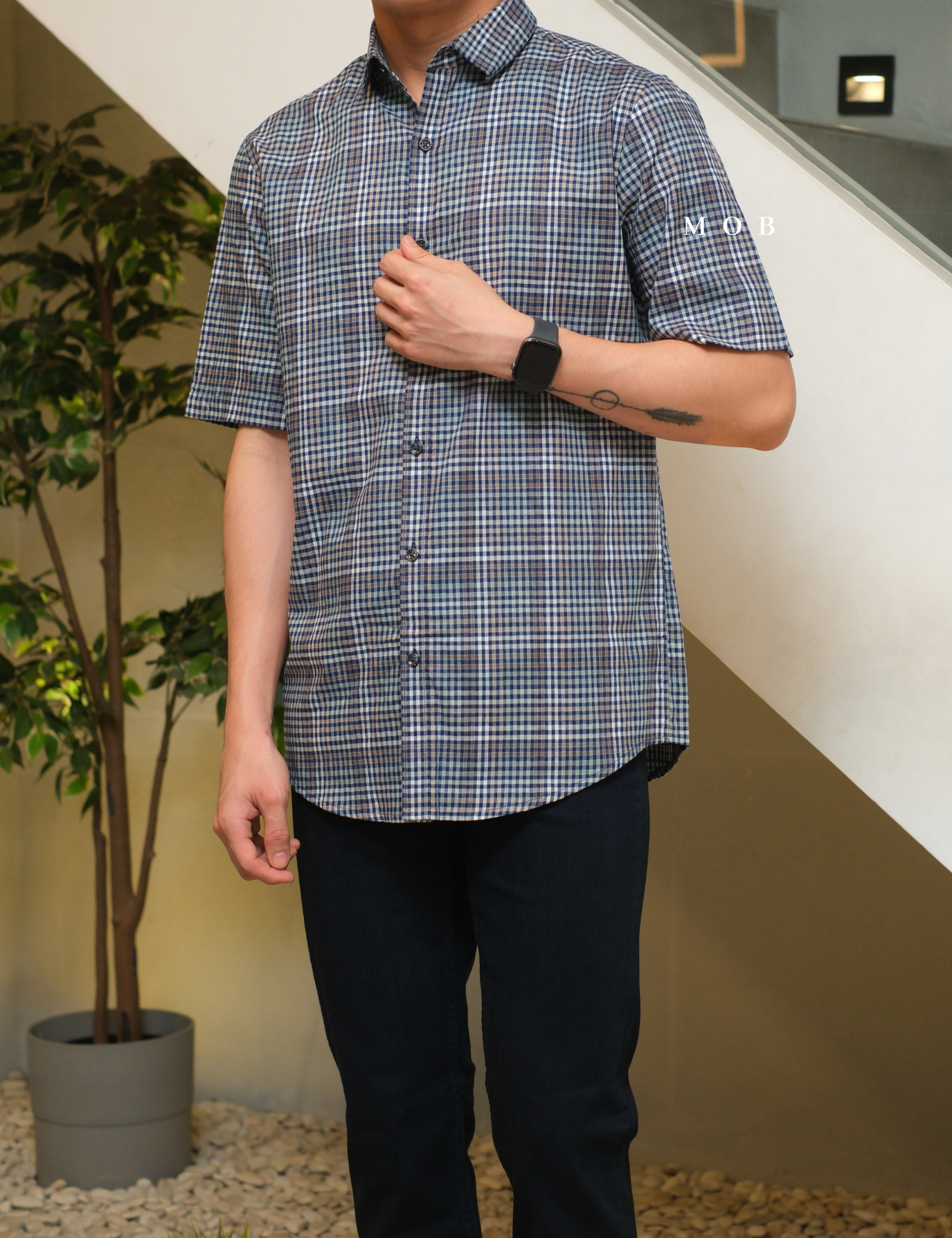 AFSSS01015 Plaid SS Shirt Navy Brown White Gingham 