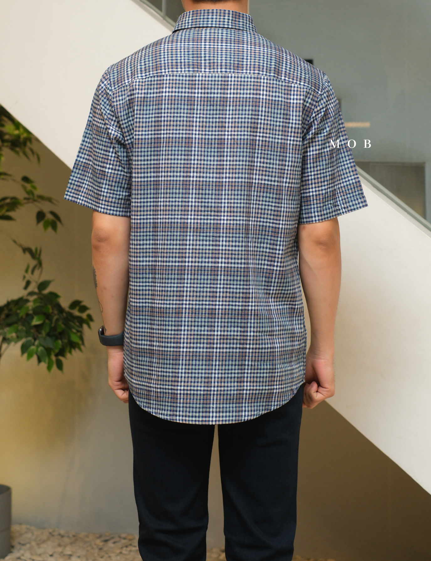 AFSSS01015 Plaid SS Shirt Navy Brown White Gingham 