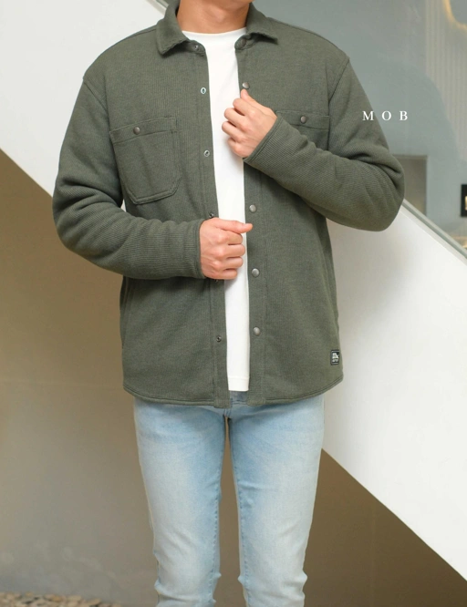 Image of EBJ01002 Faux Shearling Lined Thermal Shirt Jacket Olive