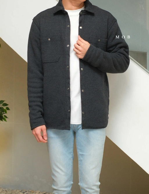 Image of EBJ01003 Faux Shearling Lined Thermal Shirt Jacket Black Grey