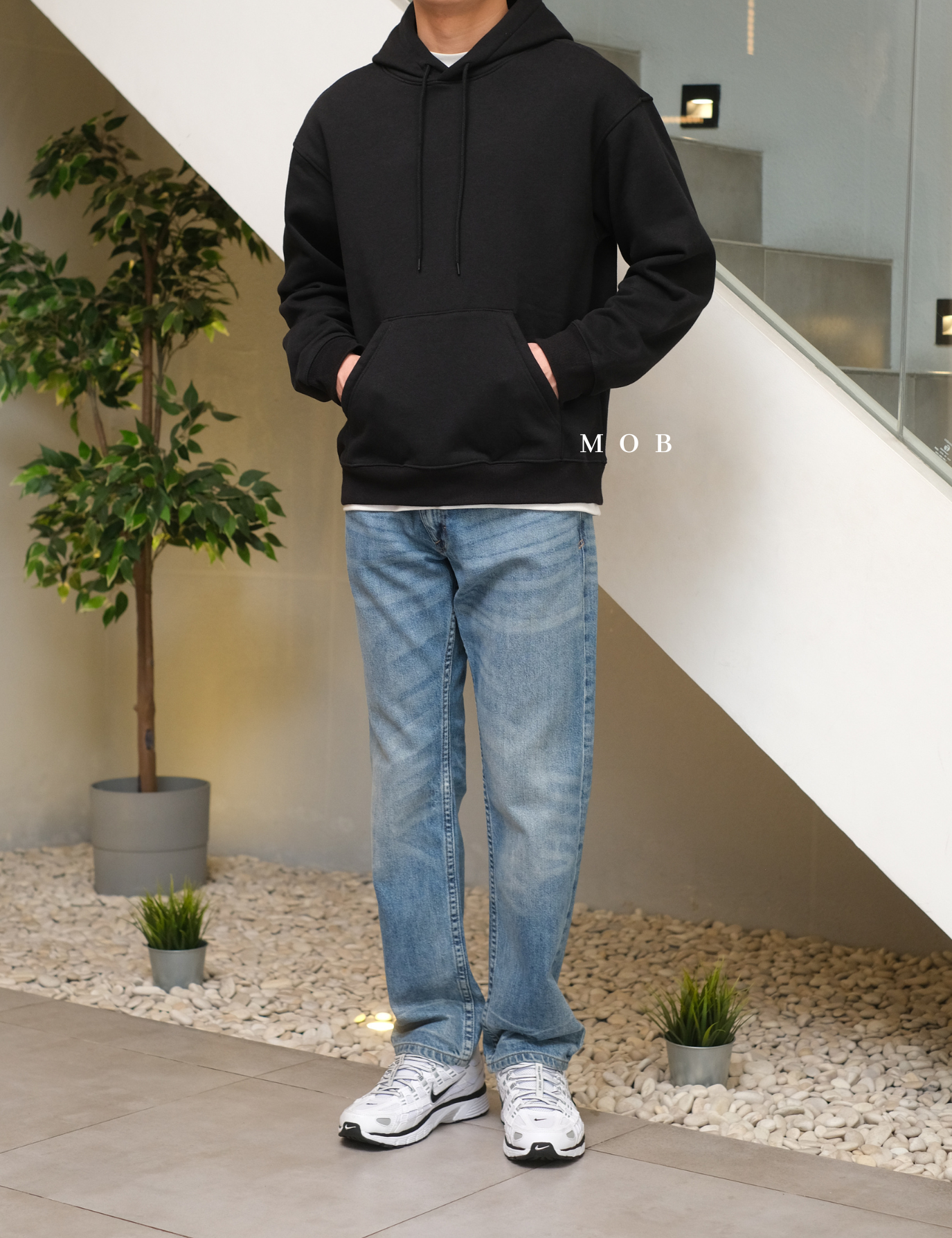 HMHOD02002A Loose Basic Pullover Hoodie Black