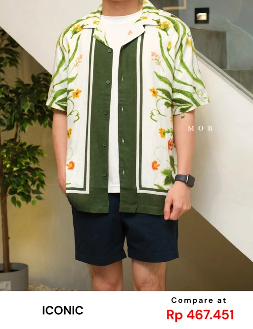 ICN01SSS002-001 Linen Blend Camp Collar SS Shirt White Floral