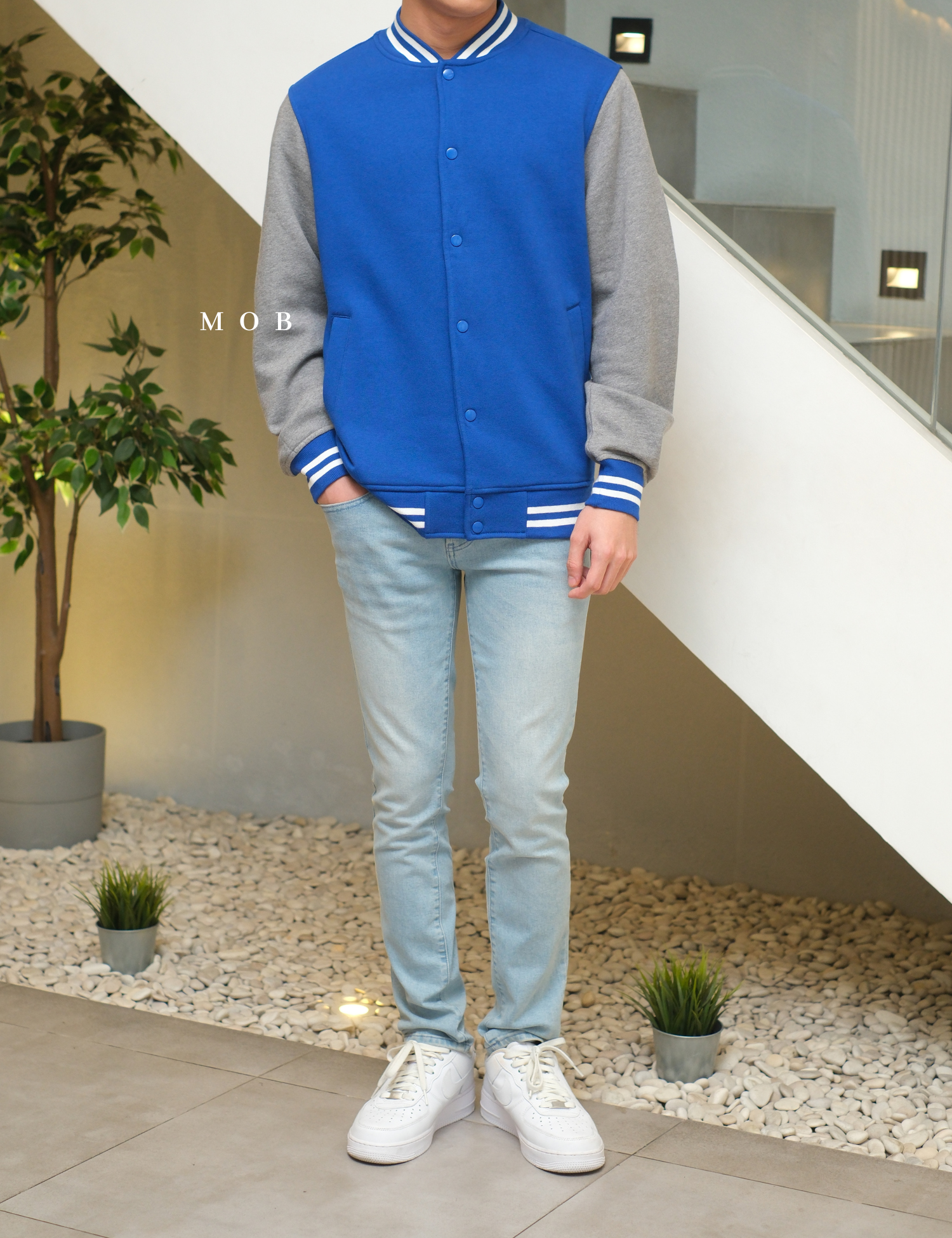 STVR02001 Fleece Letterman Varsity Jacket Blue Grey