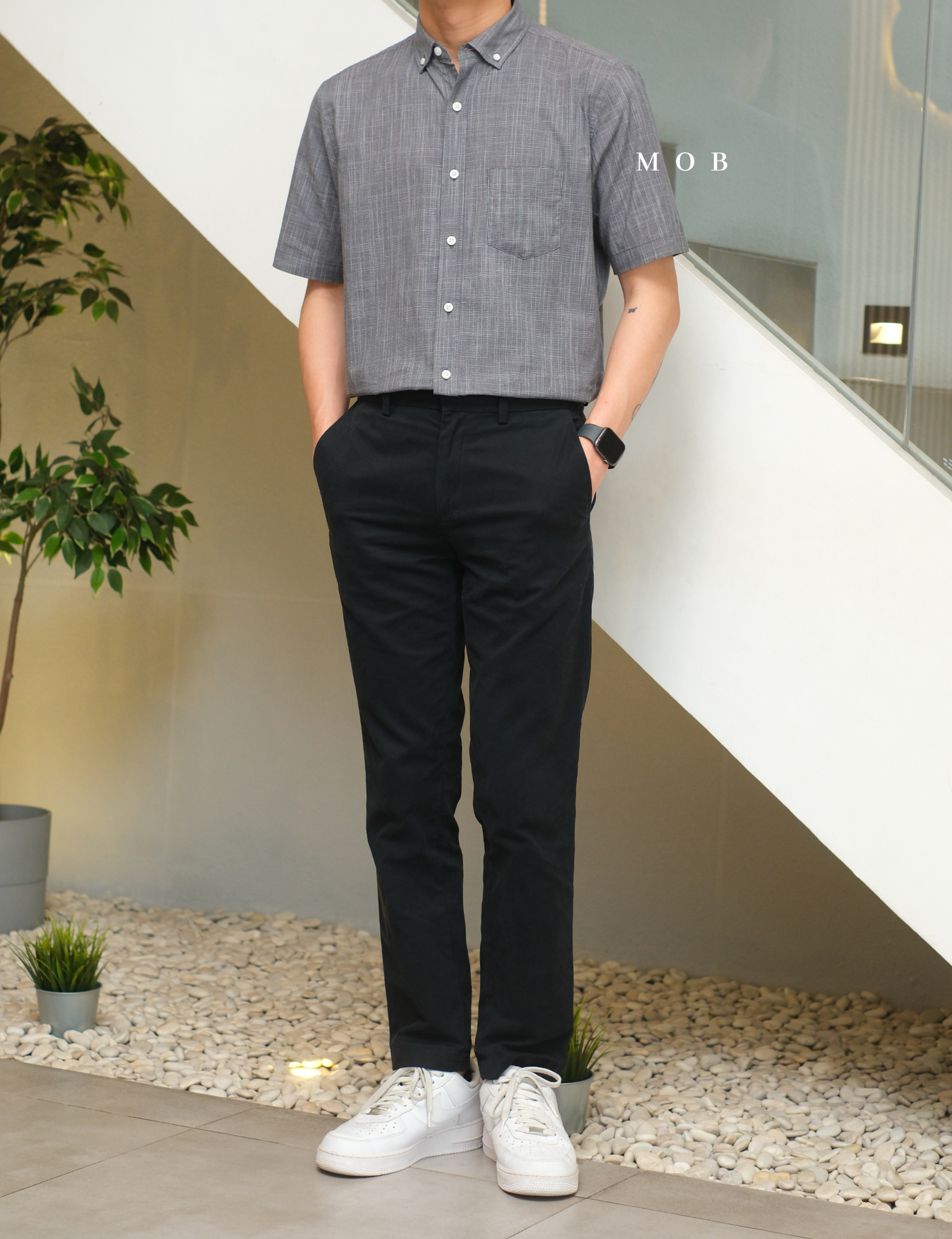 CLRSSS02001B Texture Check Stretch SS Shirt Black Grey