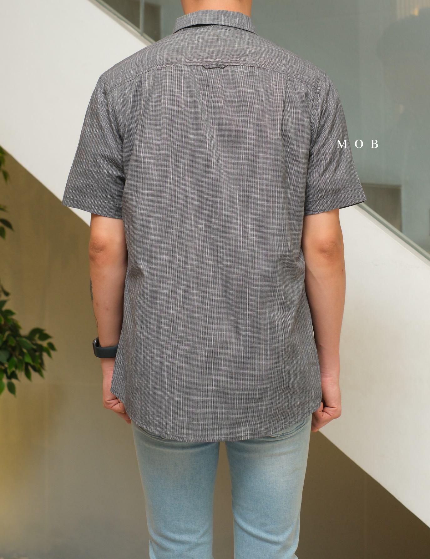 CLRSSS02001B Texture Check Stretch SS Shirt Black Grey
