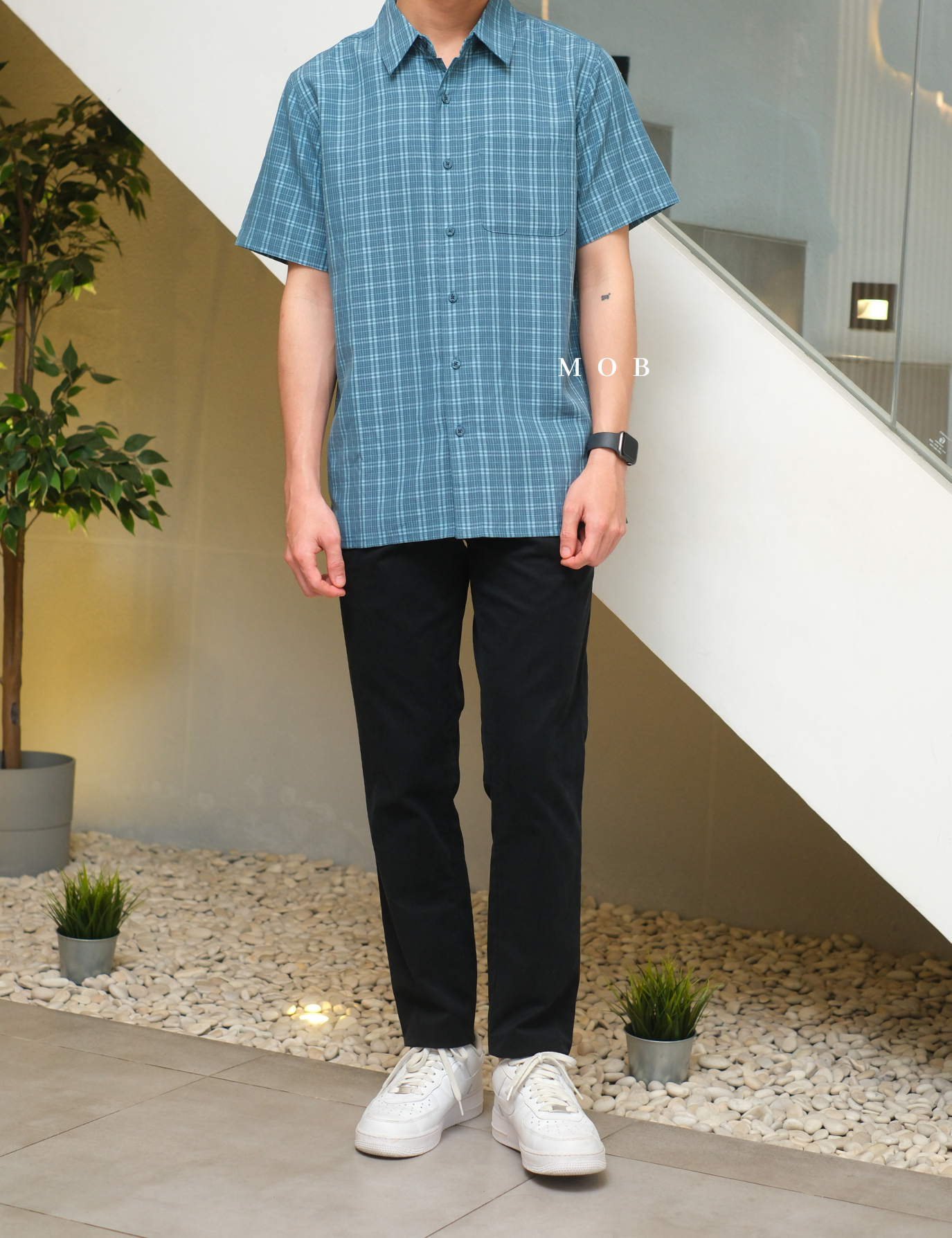 MMSSS02001A Eldridge Novelty SS Shirt Teal Blue Tartan Plaid