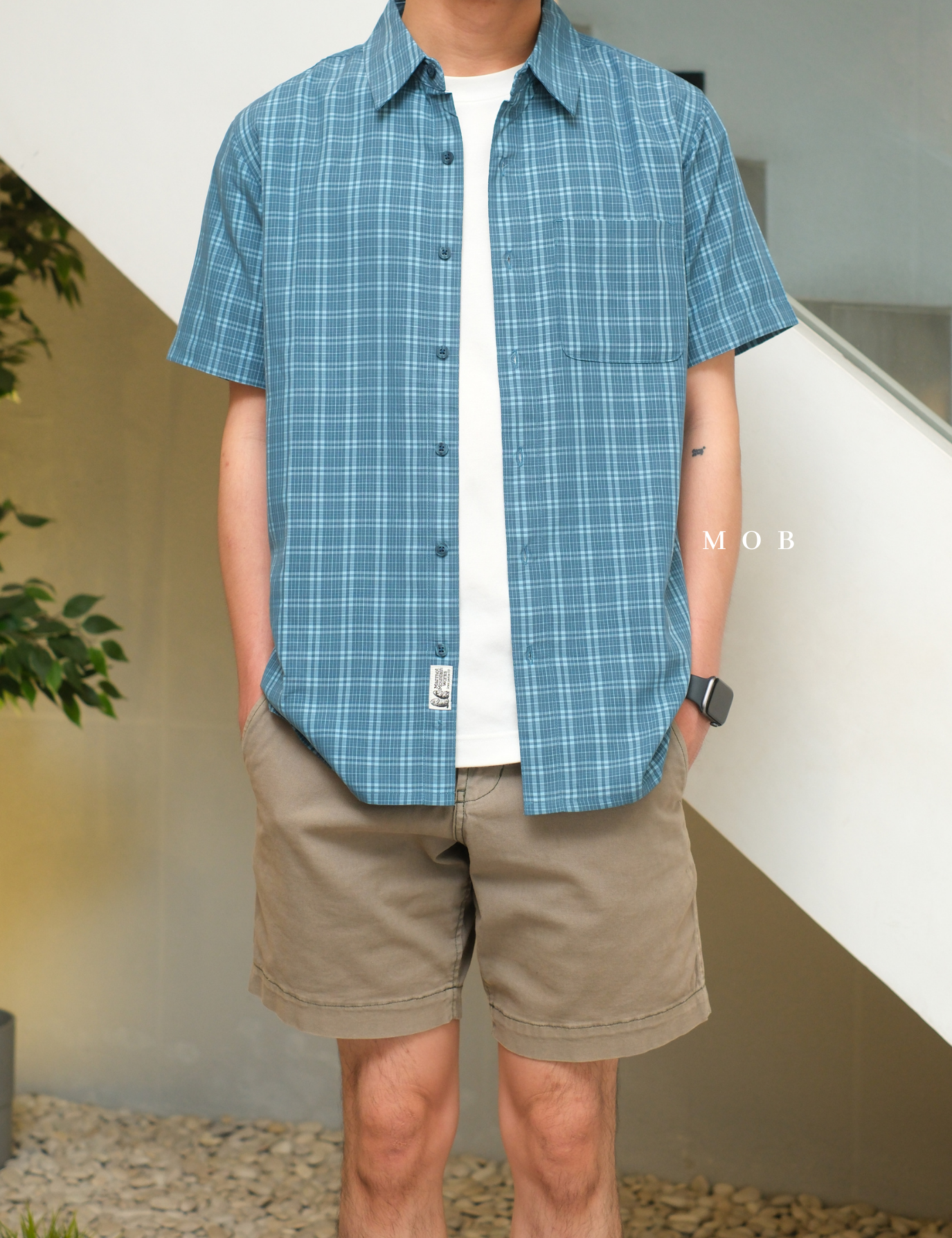 MMSSS02001A Eldridge Novelty SS Shirt Teal Blue Tartan Plaid