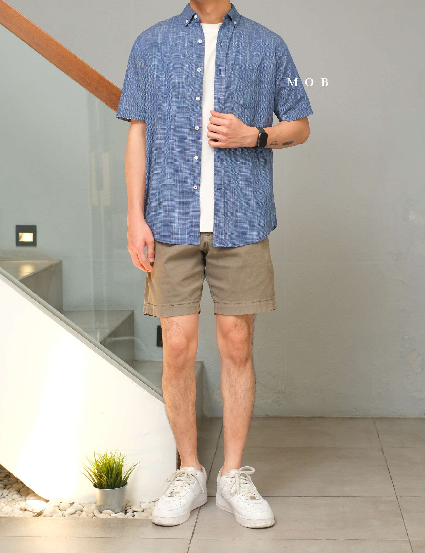 CLRSSS02001A Texture Check Stretch SS Shirt Blue Denim