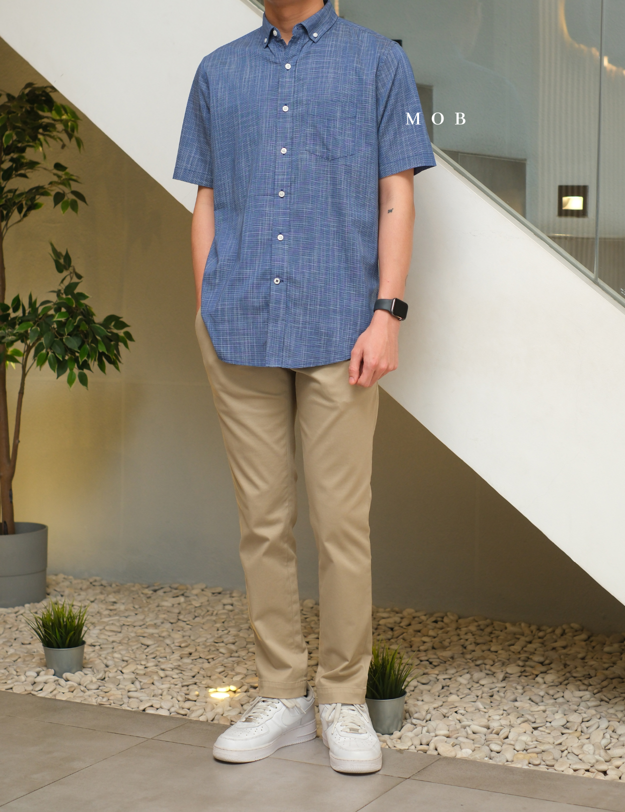 CLRSSS02001A Texture Check Stretch SS Shirt Blue Denim