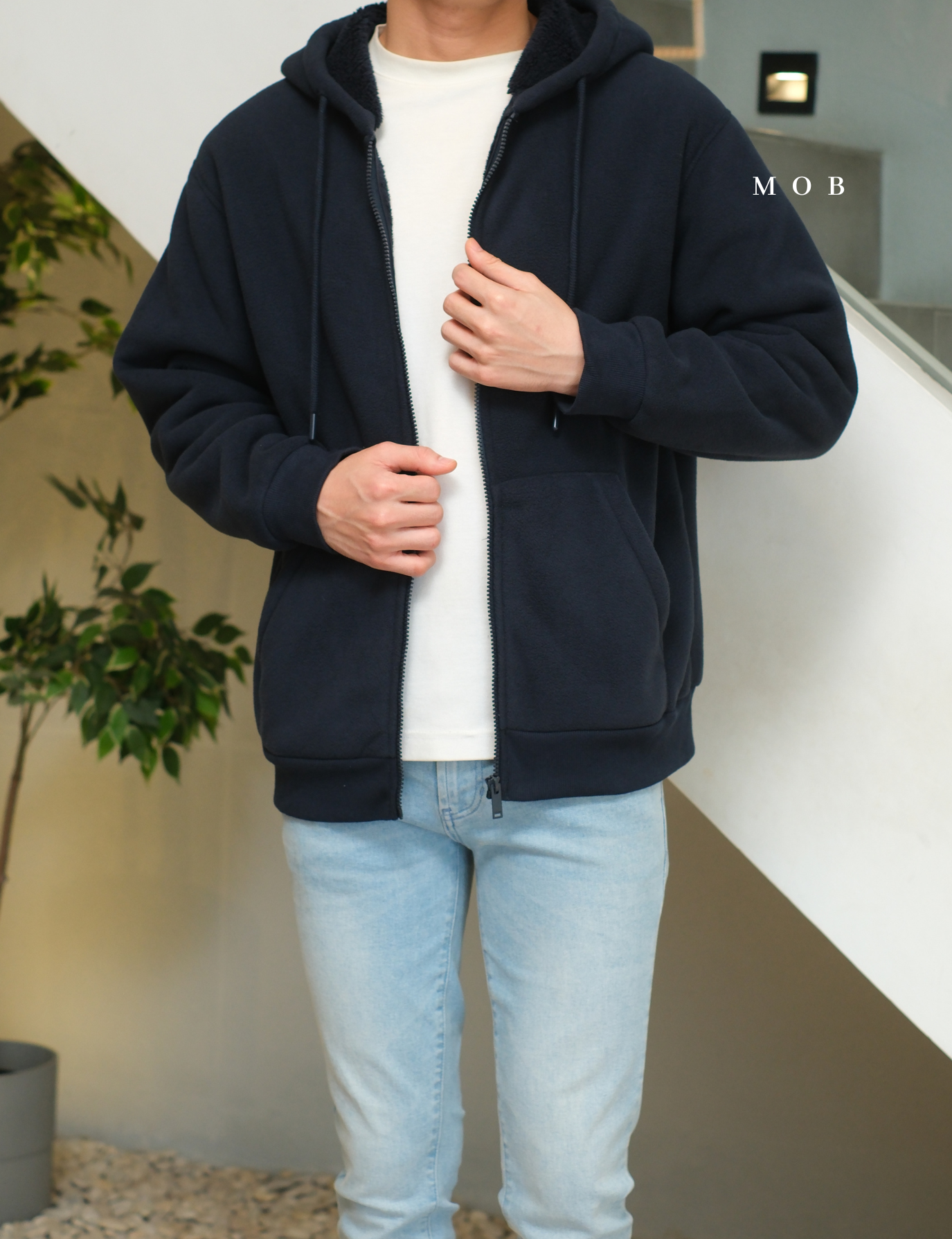 PHFZ02003 Fluffy Bonded Sherpa Full Zip Hoodie Navy