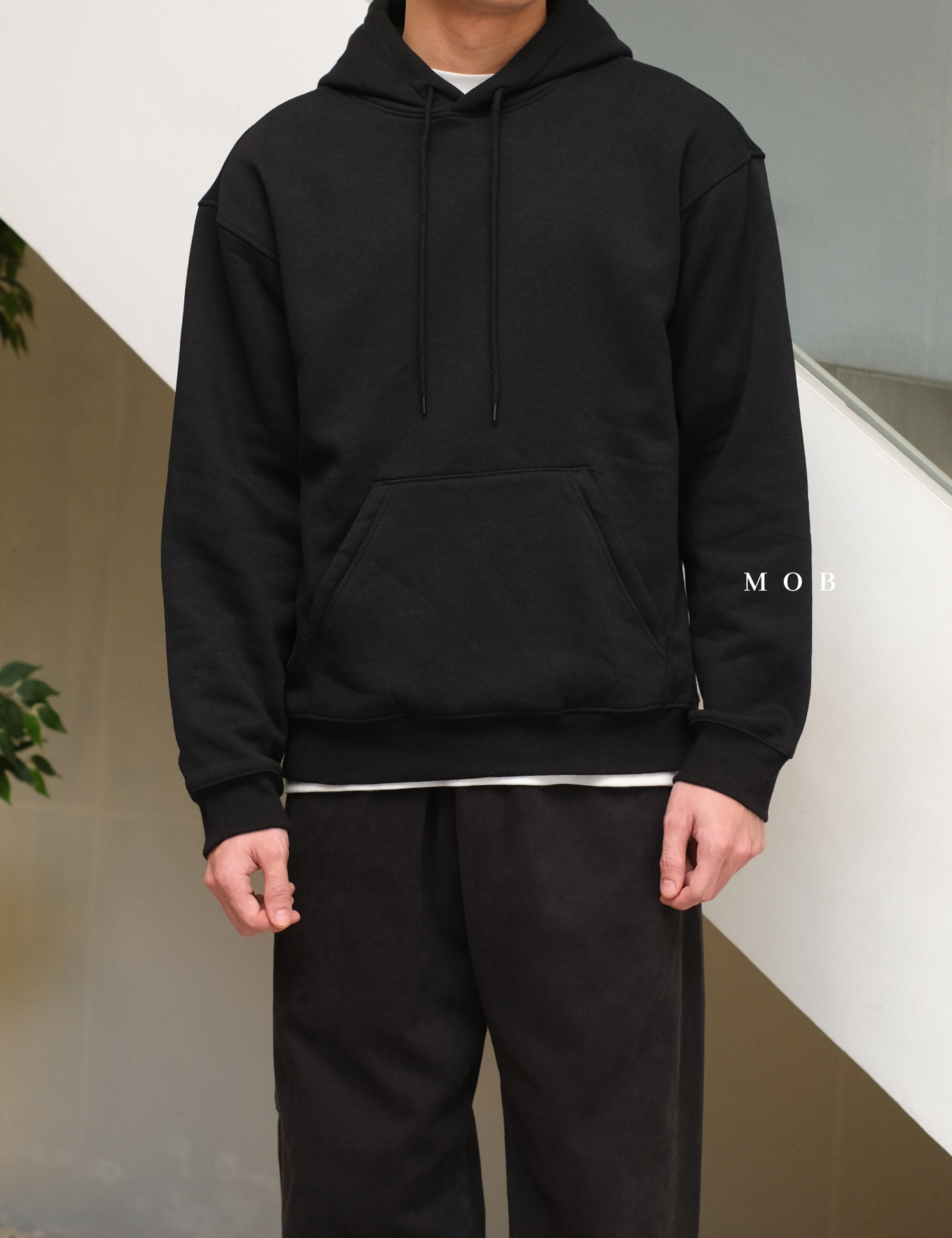 HMHOD02002A Loose Basic Pullover Hoodie Black