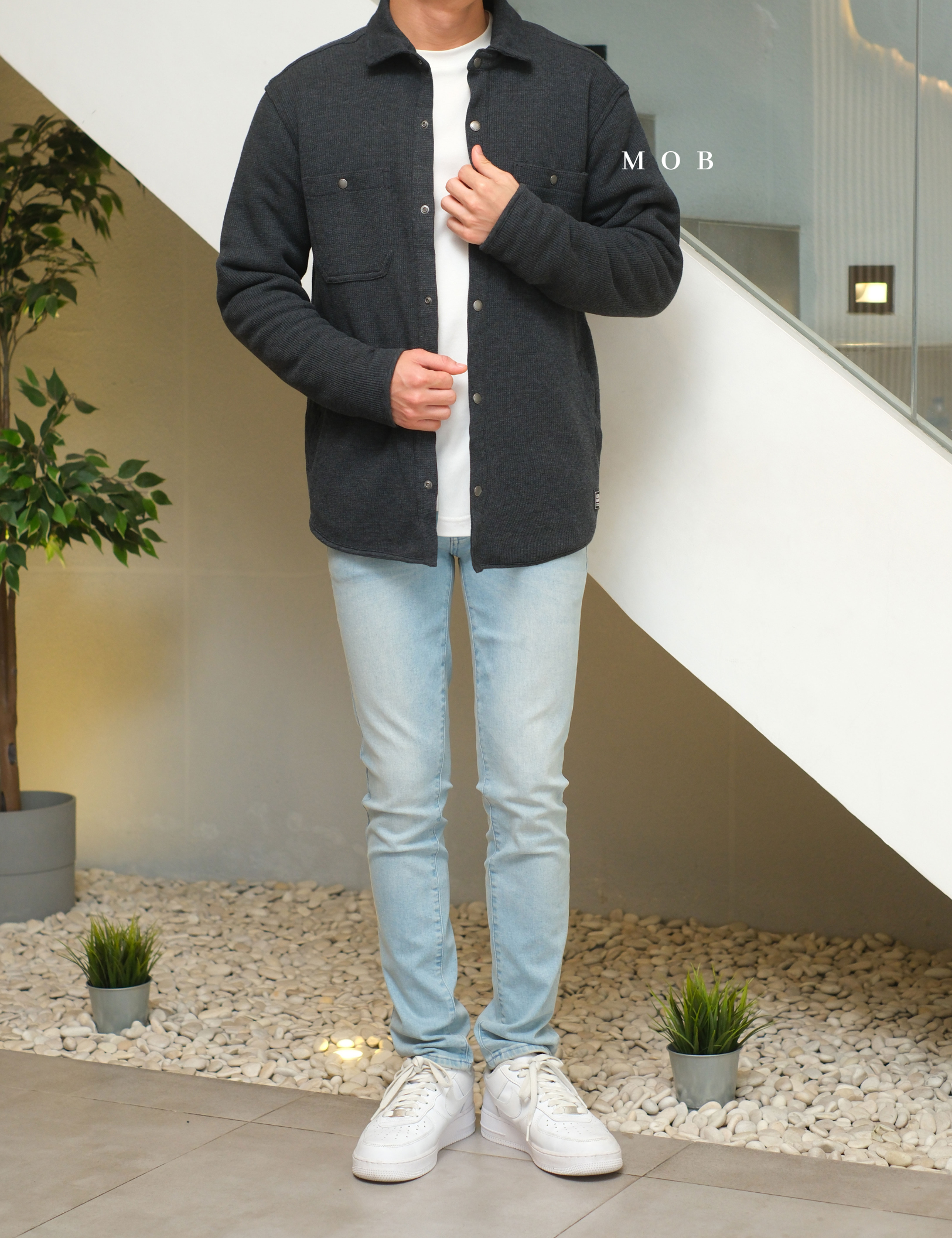 EBJ01003 Faux Shearling Lined Thermal Shirt Jacket Black Grey