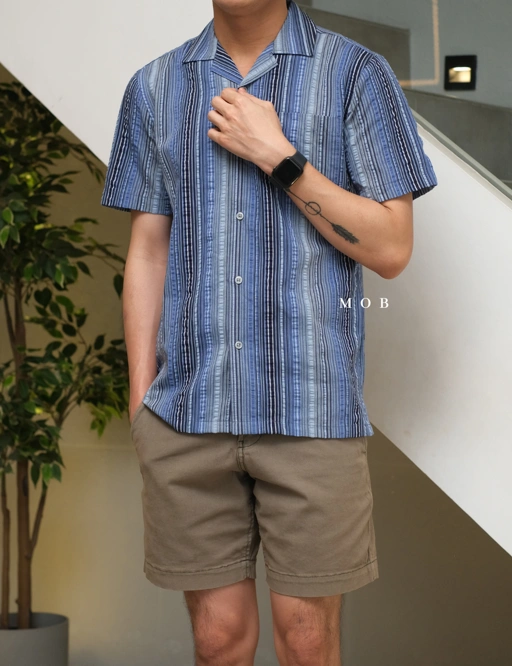 Image of LZSSS01002B Slim Seersucker SS Shirt Navy Blue Stripe