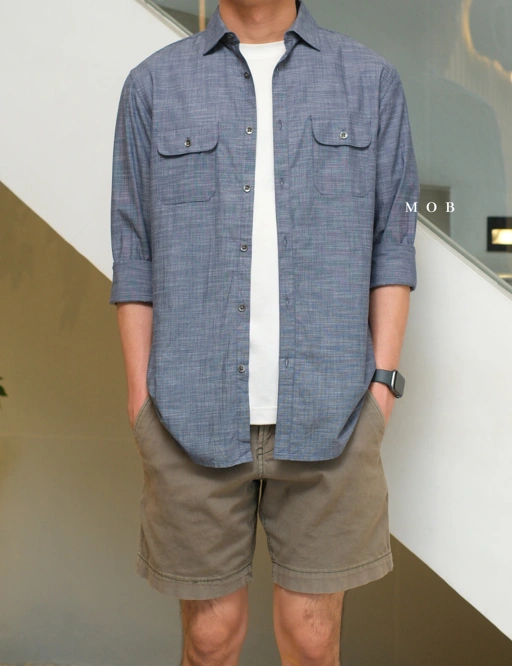 Image of AFLSS01002D Regular Pocket LS Shirt Navy Grey Misty