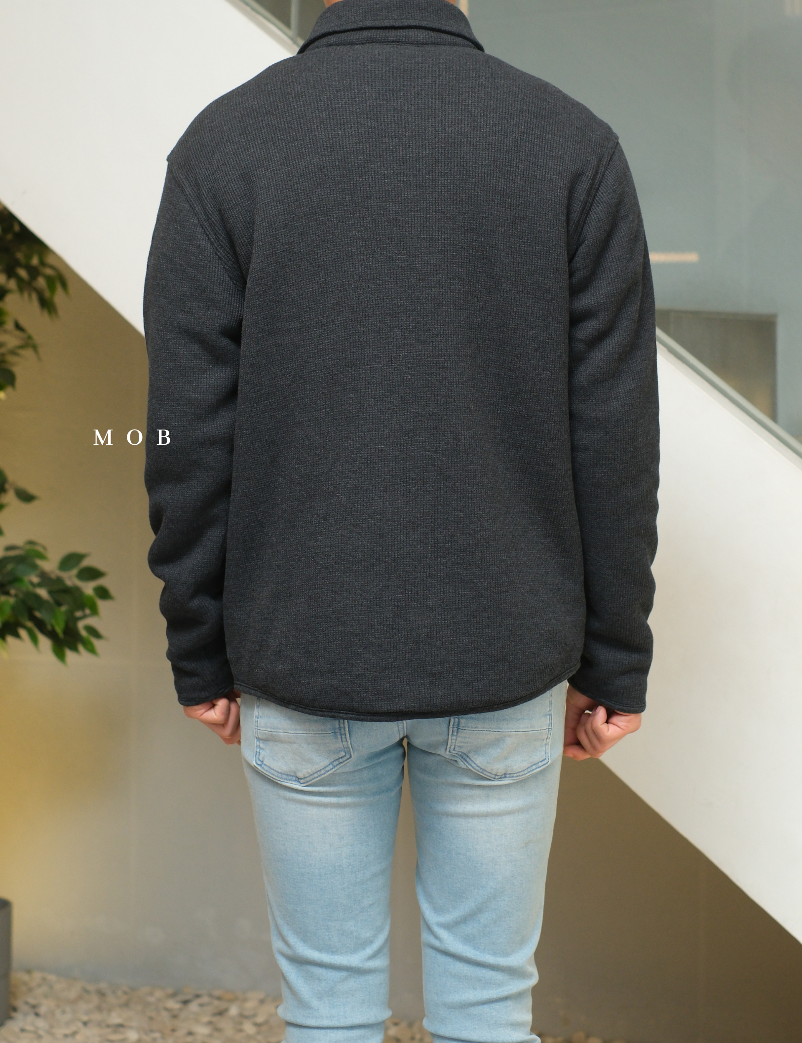 EBJ01003 Faux Shearling Lined Thermal Shirt Jacket Black Grey