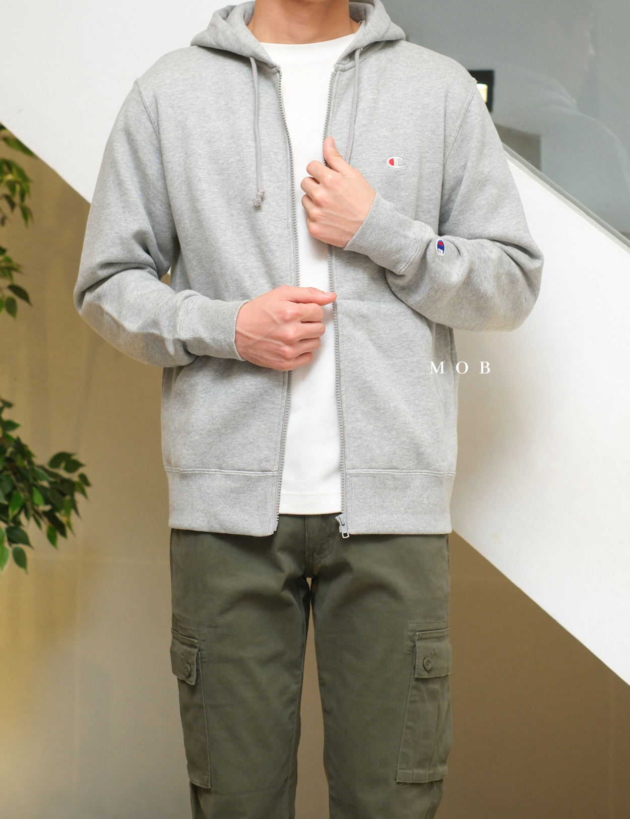 CHMPFZ05001A Basic Small Logo Full Zip Hoodie Heather Grey