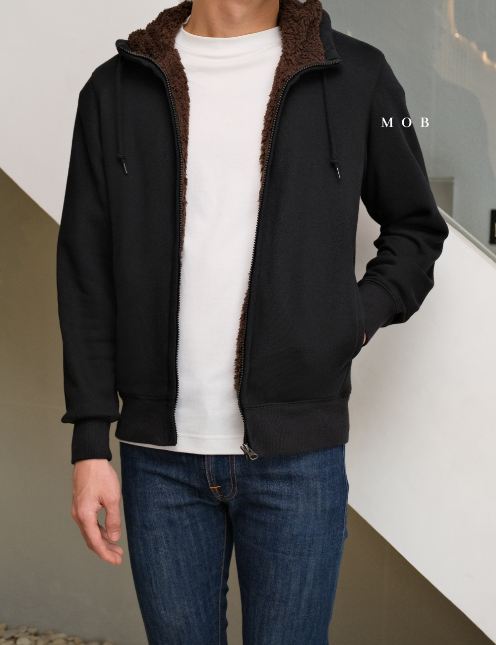 UNQJ03001 Pile Lined Full Zip Hoodie Black