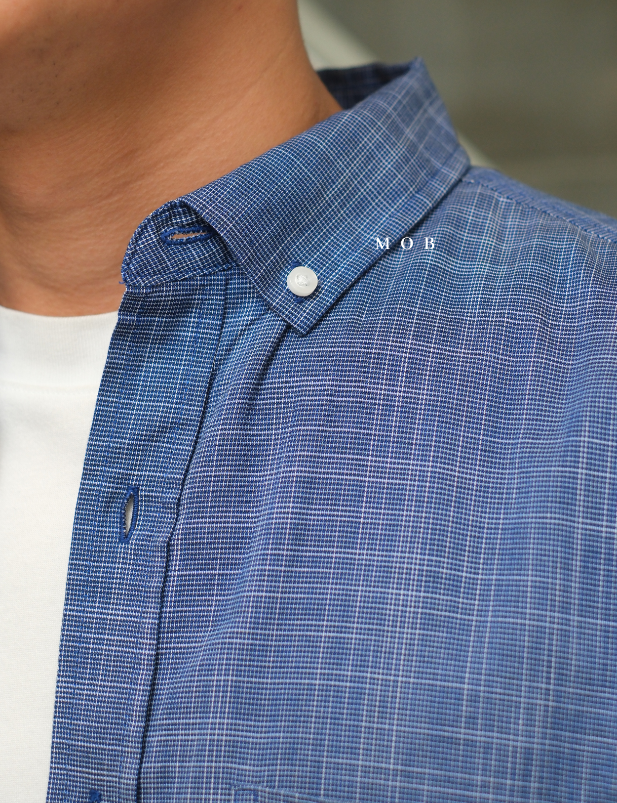 CLRSSS02001A Texture Check Stretch SS Shirt Blue Denim