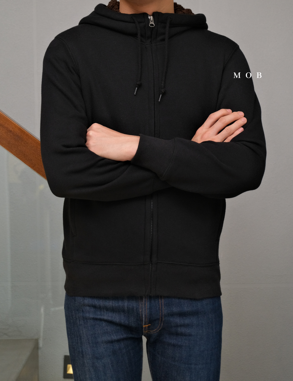 UNQJ03001 Pile Lined Full Zip Hoodie Black