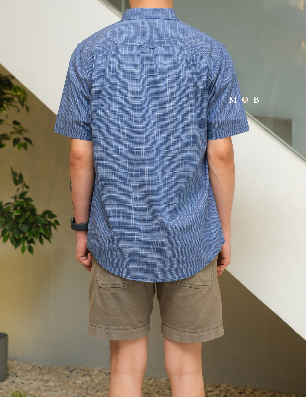 CLRSSS02001A Texture Check Stretch SS Shirt Blue Denim