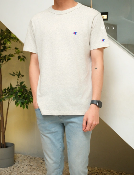 Image of CHMPSST2404B C Small Logo Blue Red SS Tee Light Grey Misty