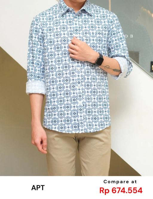 Image of APTLSS01003 Slim Performance LS Shirt White Blue Graphic Floral