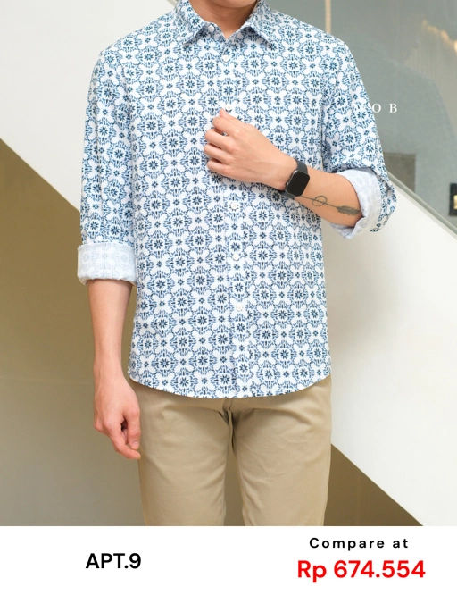 Image of APTLSS01003 Slim Performance LS Shirt White Blue Graphic Floral