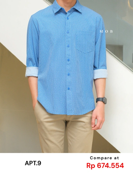 Image of APTLSS01006 Slim Performance LS Shirt Blue Geometric Abstract