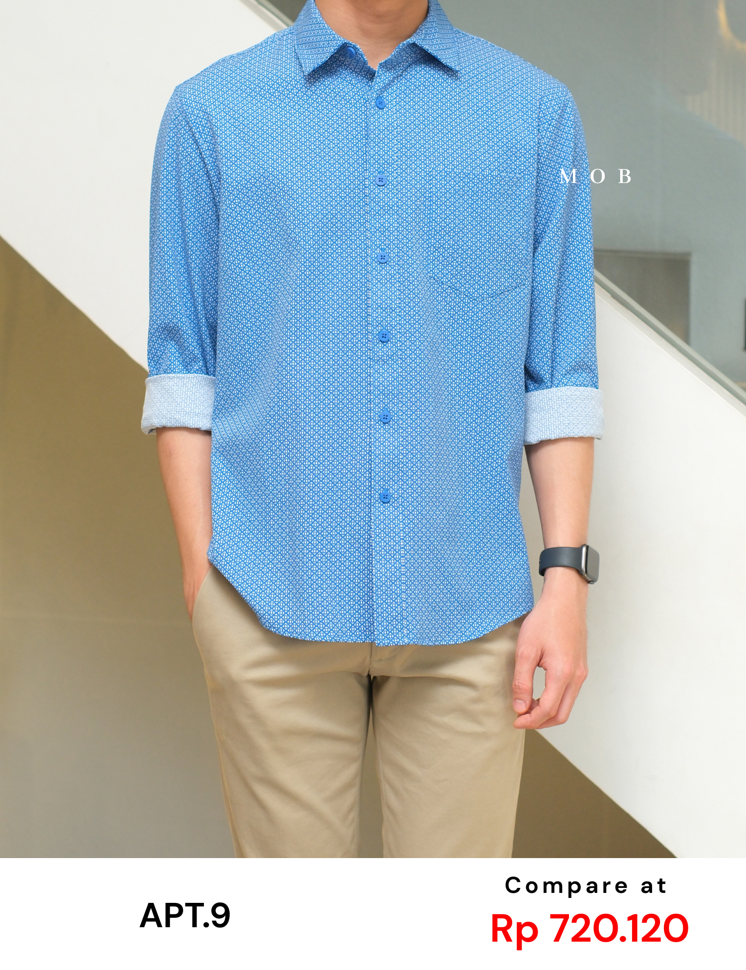 APTLSS01006 Slim Performance LS Shirt Blue Geometric Abstract