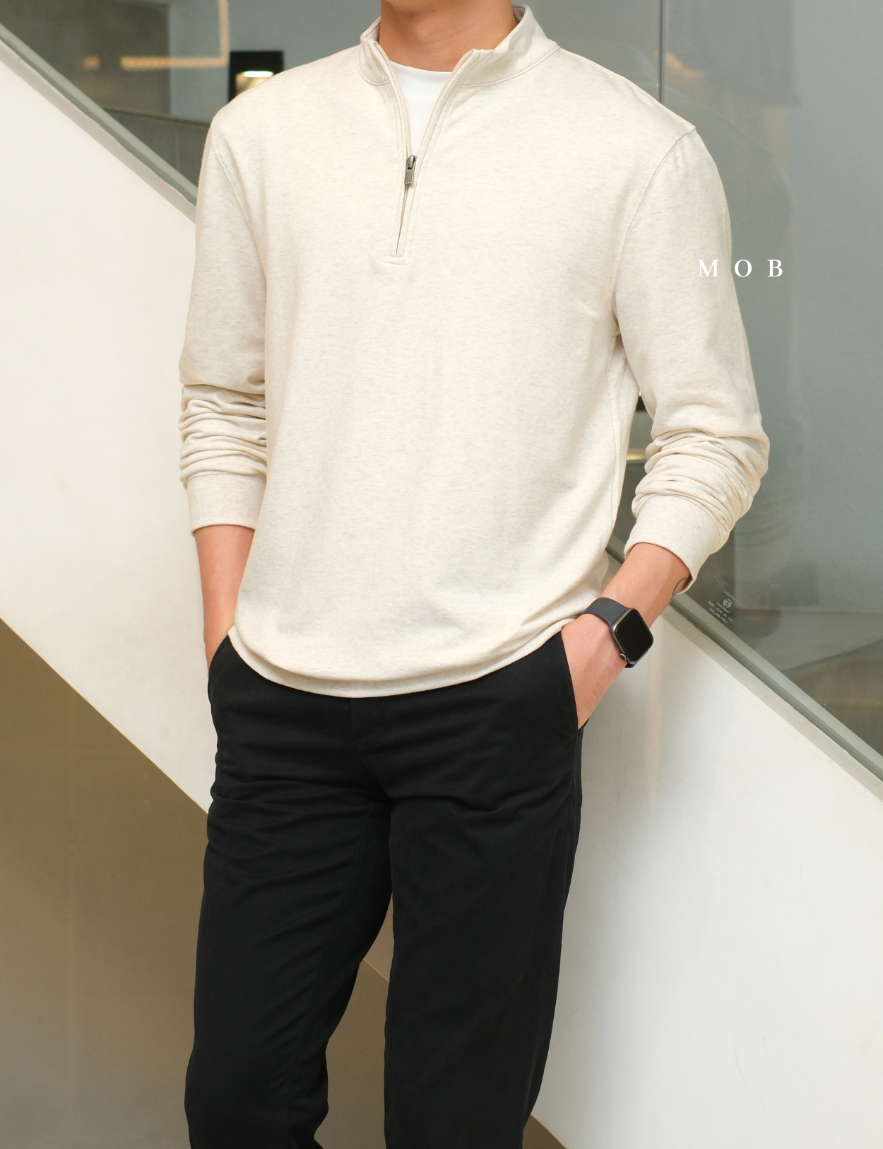 GFW01SWO001-001 1/4 Zip French Terry Sweatshirt Ivory White