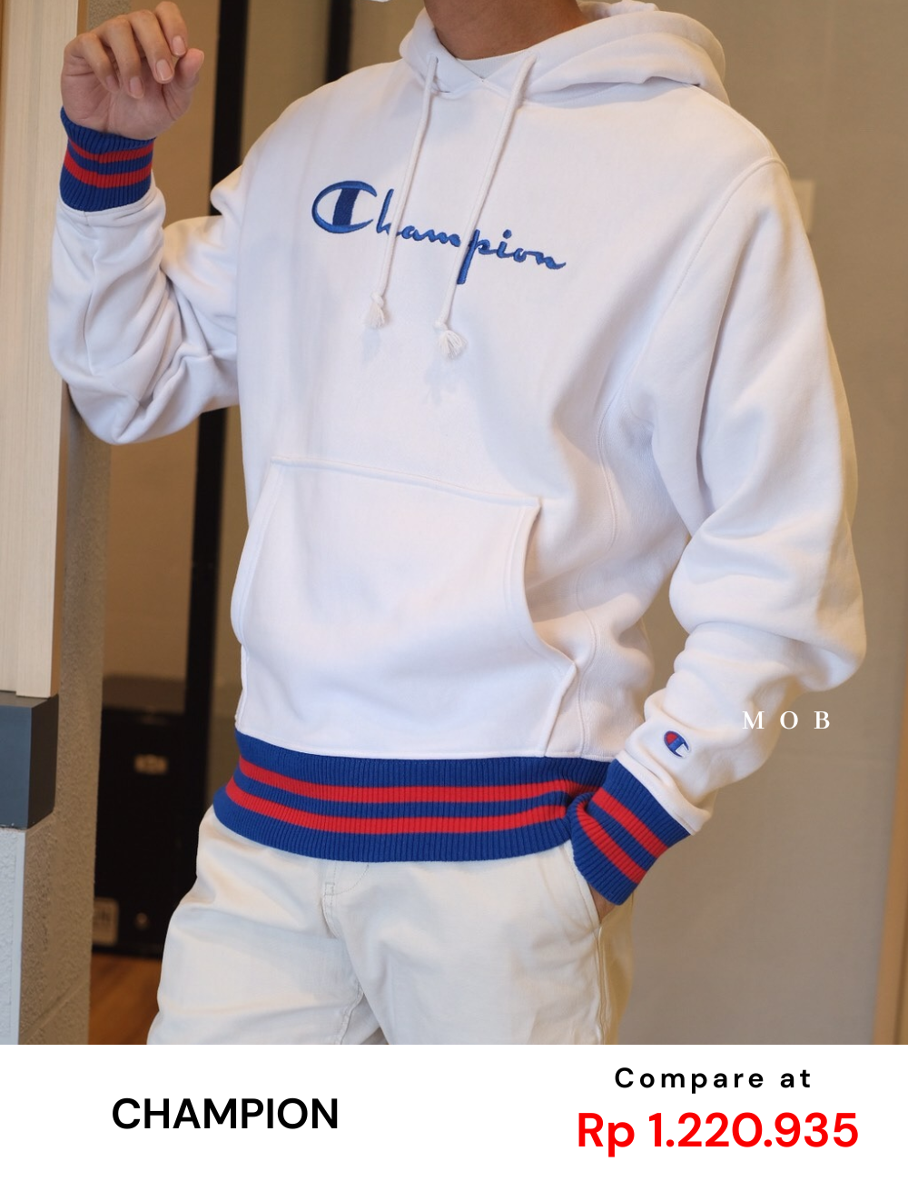 CHMPHOD1301 Reverse Weave Yarn Dye Pullover Hoodie White (M ONLY)