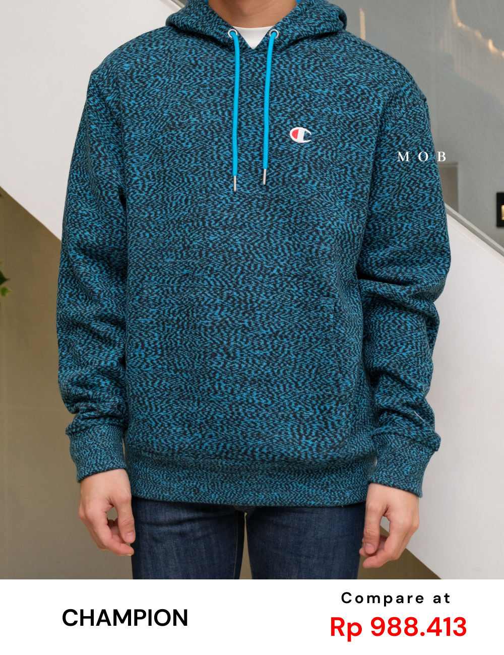 CHMPHOD1607A Glitch French Terry Embroidered C Logo Hoodie Coastal Blue