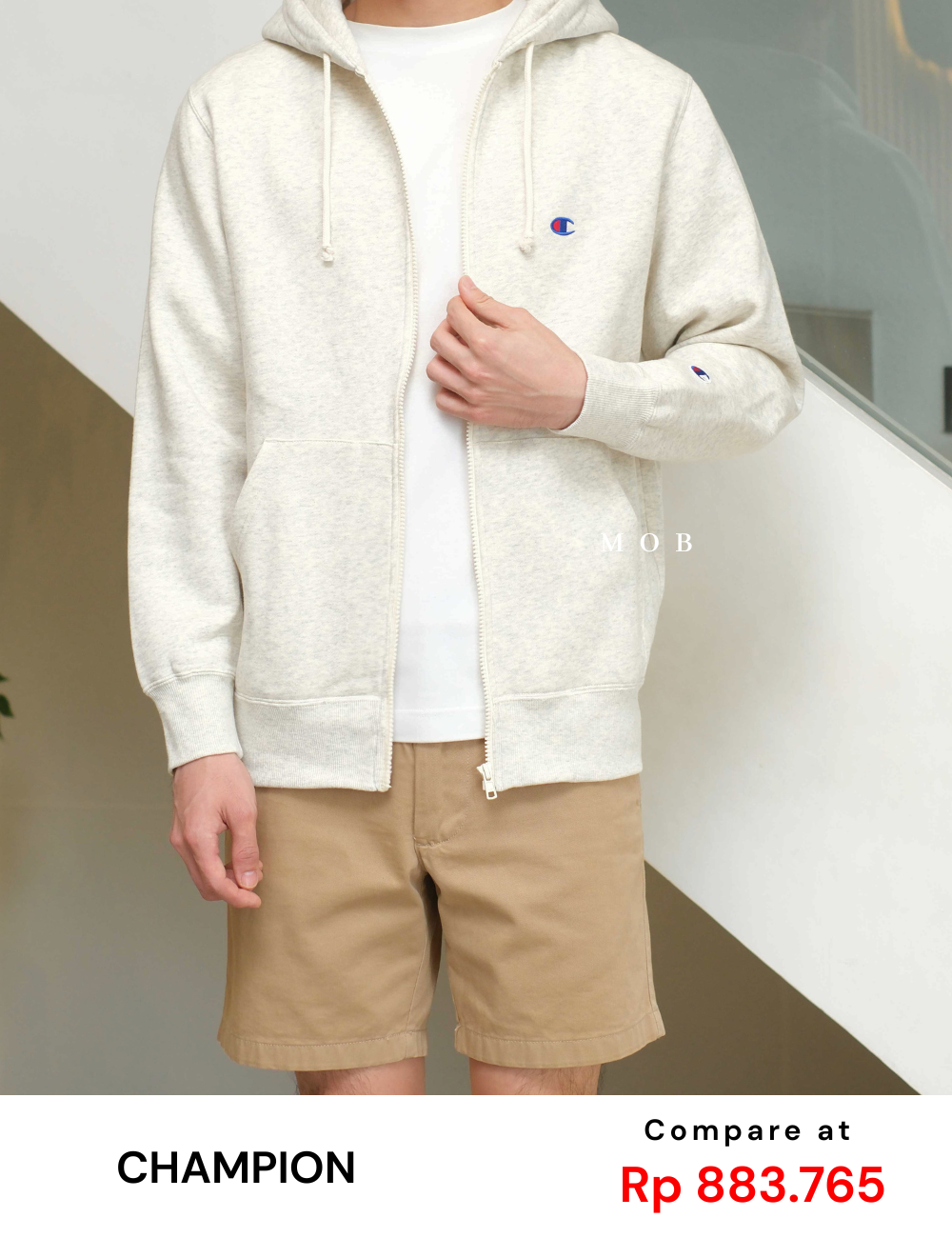 CHMPFZ05002 Basic Small Logo Full Zip Hoodie Ivory Misty