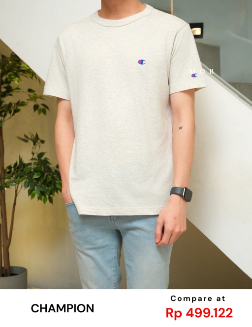 Image of CHMPSST2404B C Small Logo Blue Red SS Tee Light Grey Misty