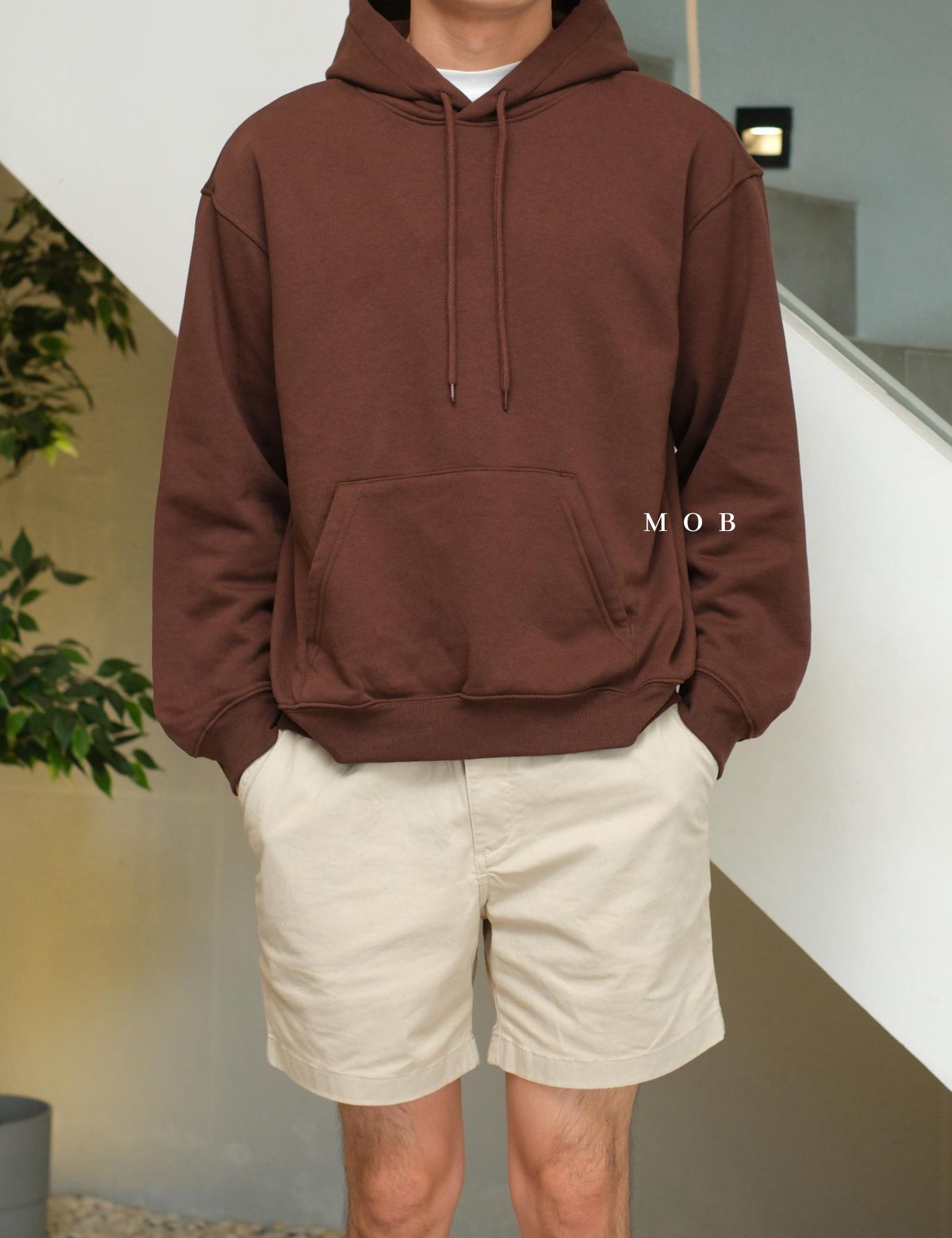 HMHOD02002D Loose Basic Pullover Hoodie Brown