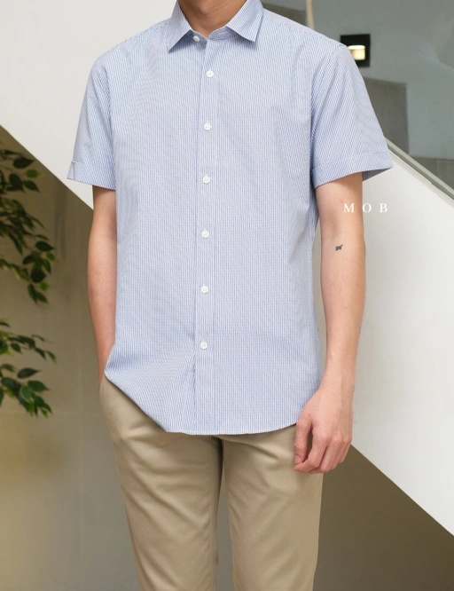 Image of MSTSSS01004 Slim SS Shirt Blue White Plaid