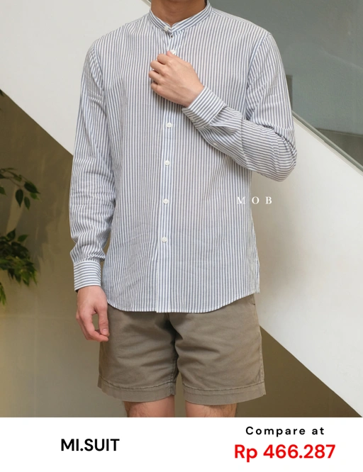 Image of MSTLSS02014 Stand Collar LS Shirt White Grey Stripe 