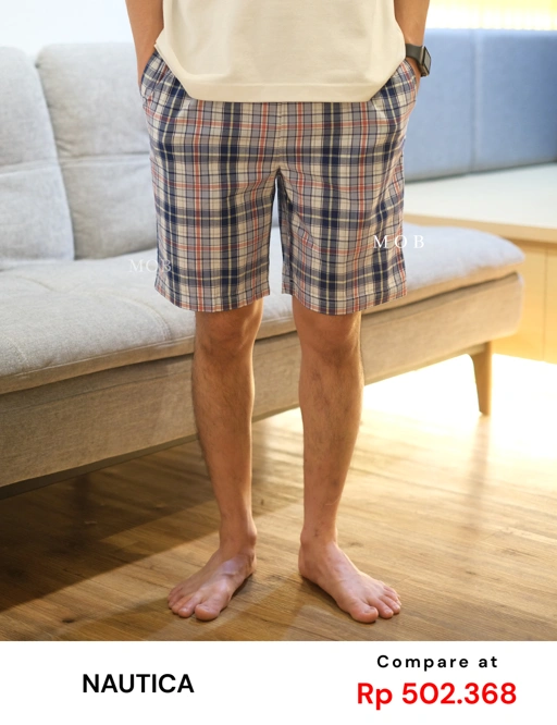 Image of NTSR02003 Blue White Plaid Cotton Sleep Shorts