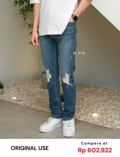 Image of OUSPT01001 Slim Tapered Ripped Jeans Dark Blue