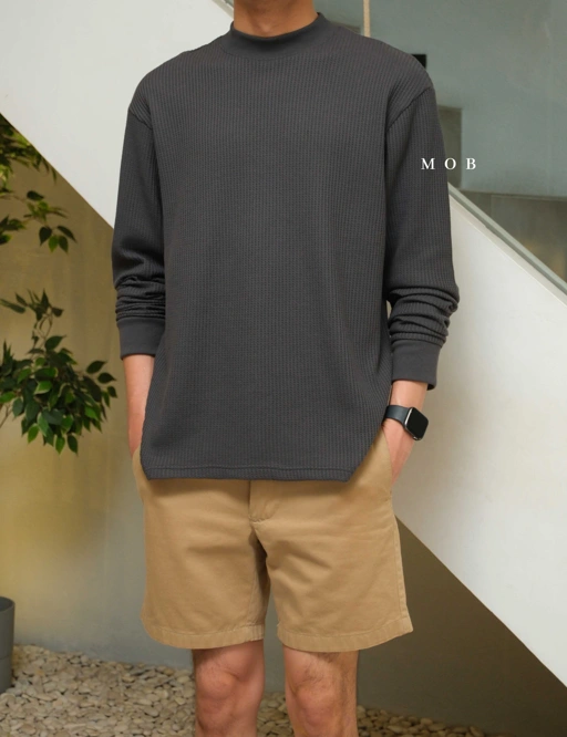 Image of ONLST1201 Mock Neck Waffle LS Tee Asphalt Grey