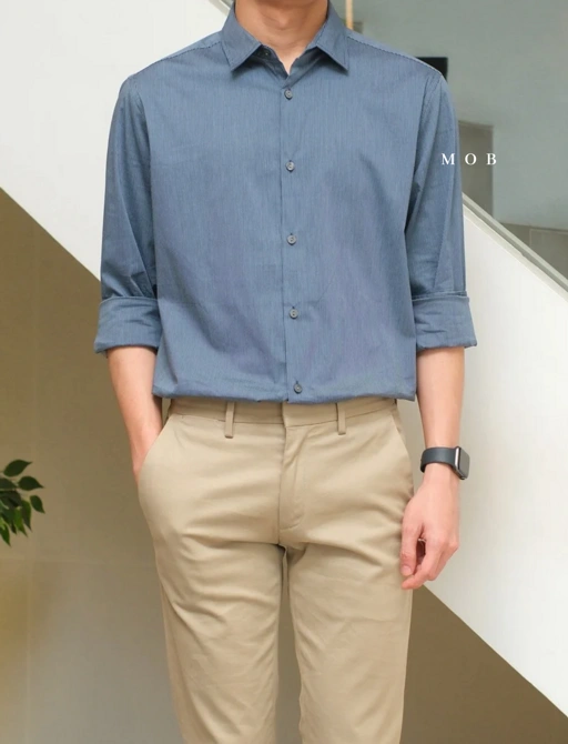 Image of AFLSS01001A Regular Stripe LS Shirt Blue