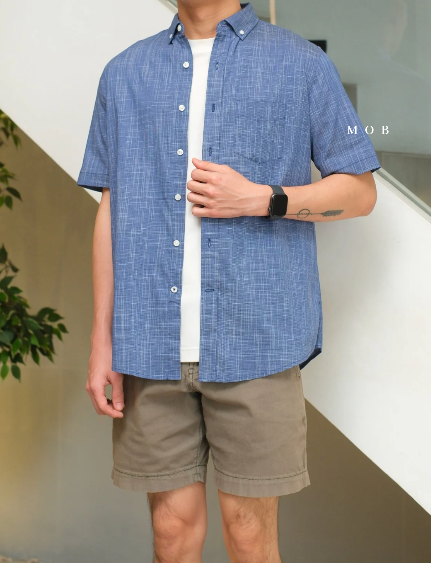 CLRSSS02001A Texture Check Stretch SS Shirt Blue Denim
