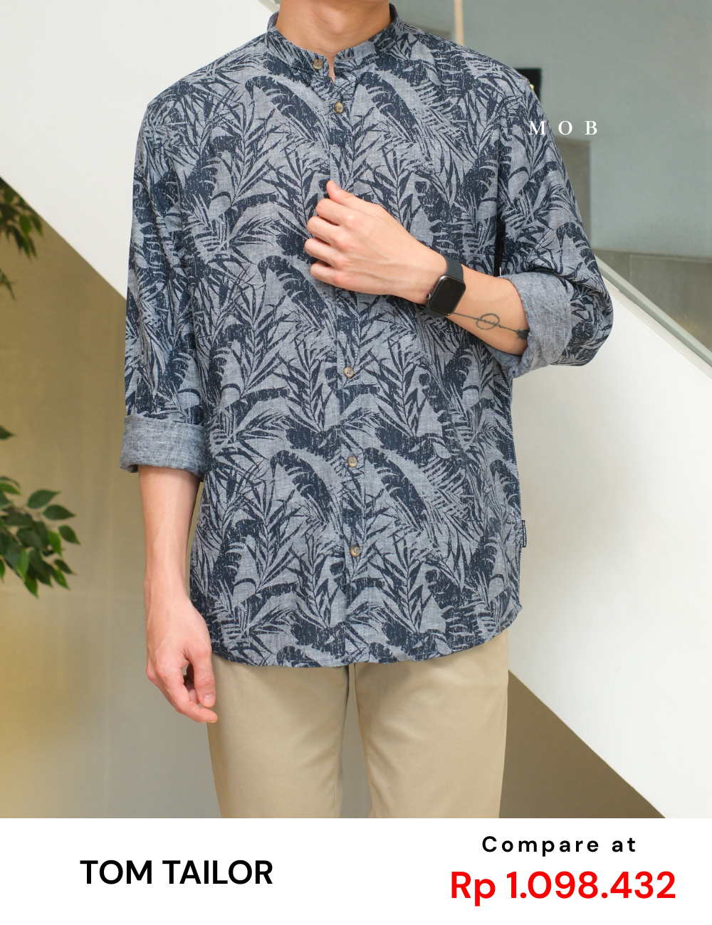 TTLSS05001 LINEN Stand Collar LS Shirt Palm Leaf Navy