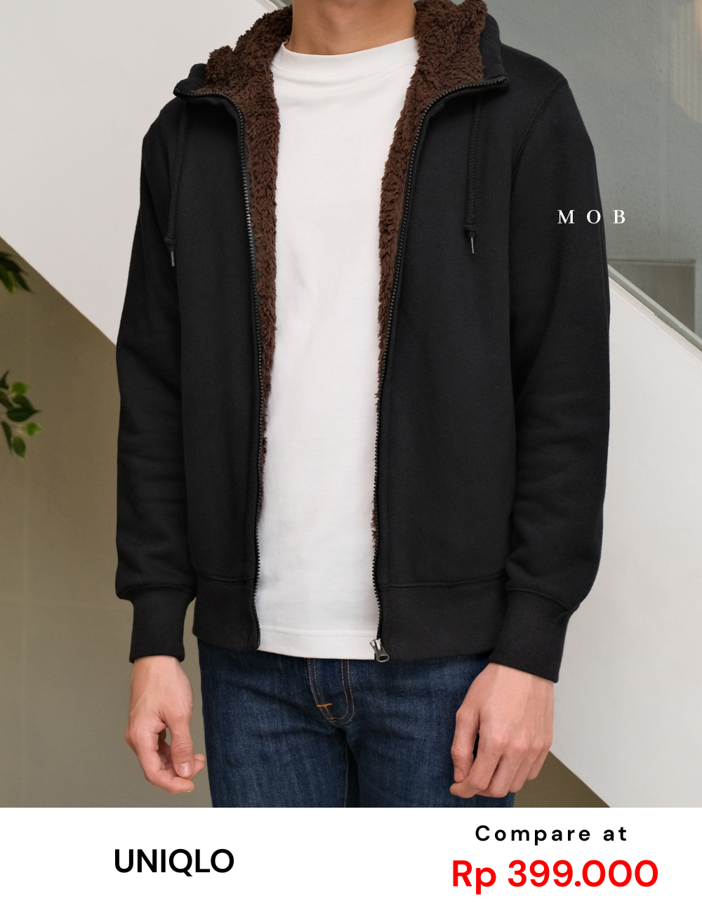UNQJ03001 Pile Lined Full Zip Hoodie Black