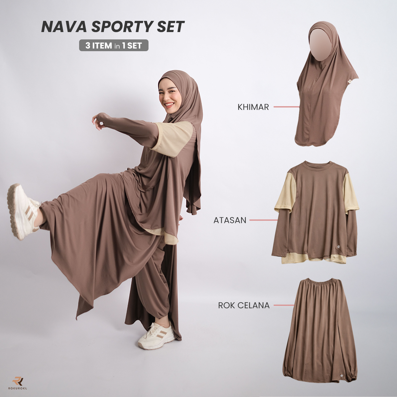 ROKUROKU.ID | Nava Sporty -  Setelan Baju Olahraga Wanita Muslim One Set Rok Celana Jersey Premium