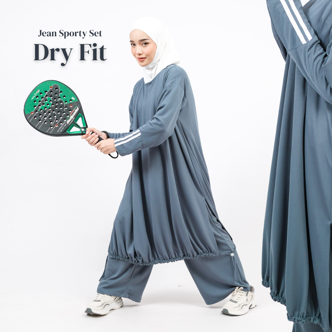 ROKUROKU.ID | Jean Sporty - Setelan Baju Olahraga Dry Fit Wanita Muslimah One Set Pound Fit Padel Sportwear Stylish Jumbo Premium