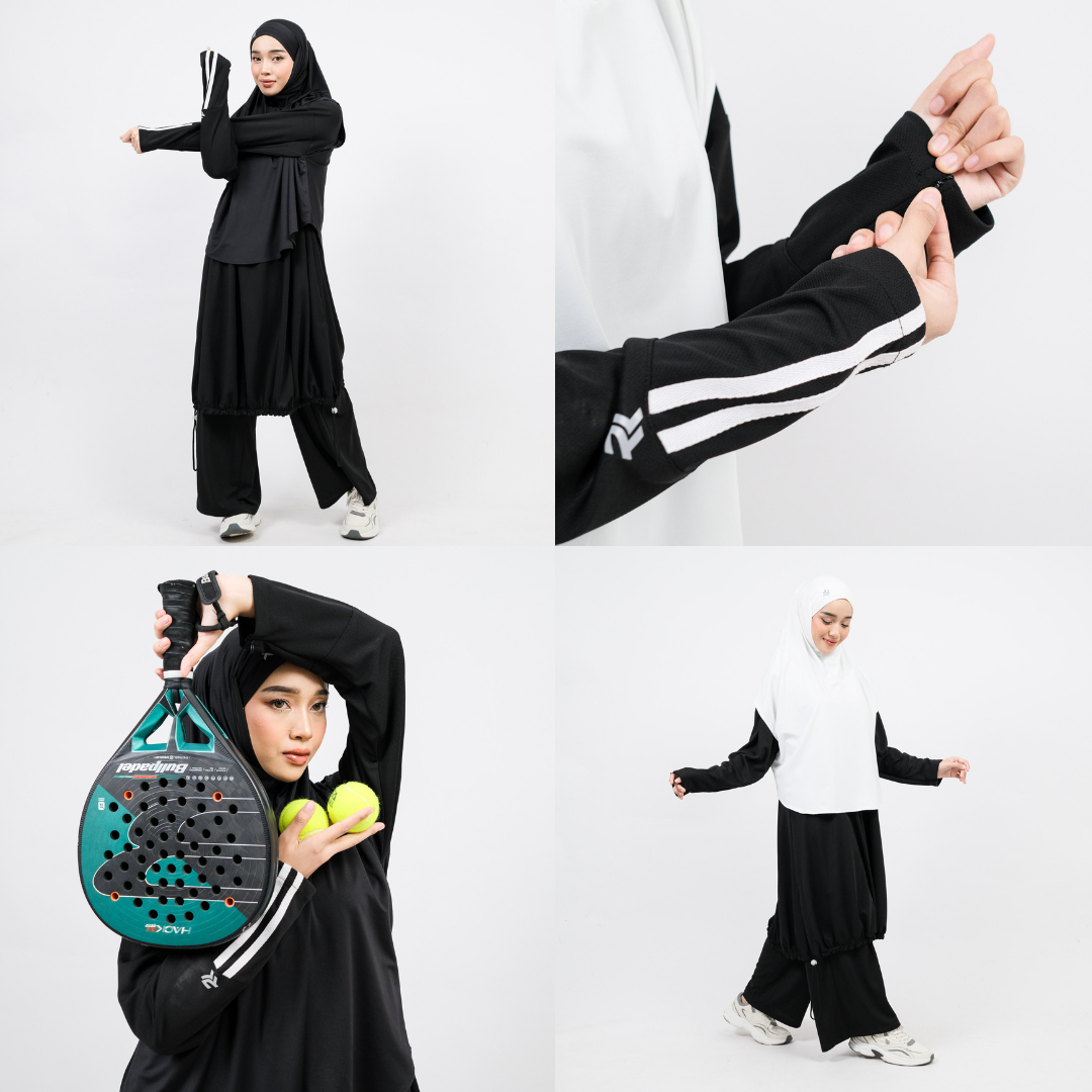 ROKUROKU.ID | Jean Sporty - Setelan Baju Olahraga Dry Fit Wanita Muslimah One Set Pound Fit Padel Sportwear Stylish Jumbo Premium