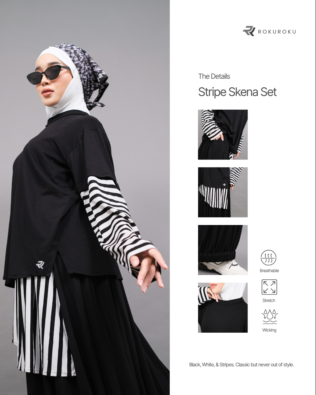 ROKUROKU.ID | Stripe Skena - Setelan Olahraga Muslimah Outfit Salur Sporty Longsleeve Black White Retro Premium