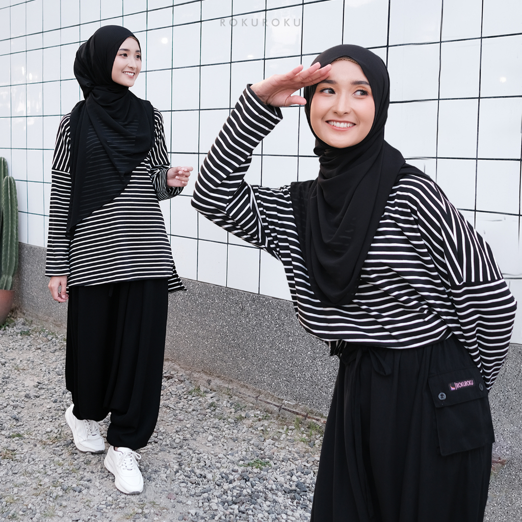 ROKUROKU.ID | Xena Shirt - Baju Olahraga Atasan Wanita Kaos Stripe Salur Lengan Panjang All Size